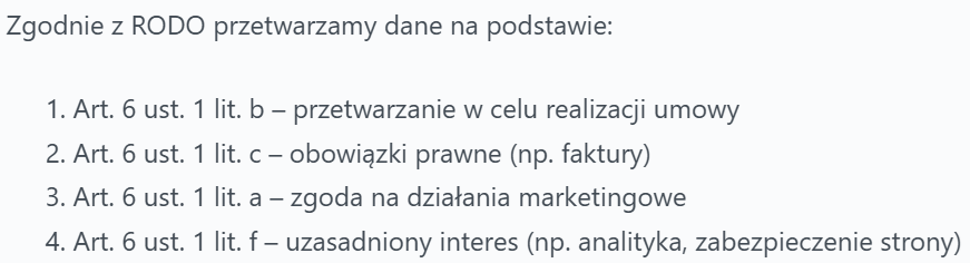 Fragment Polityki prywatności - podstawy prawne przetwarzania danych